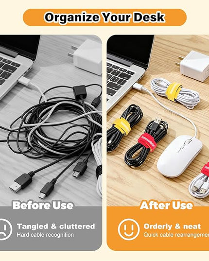 70 Pack Assorted Cable Ties (4, 6, 8 Inch) Multi-Color with Writable Labels, Reusable Cord Organizer Straps, Hook & Loop Wire Management for Electronics, Home Office, PC Desk & Travel