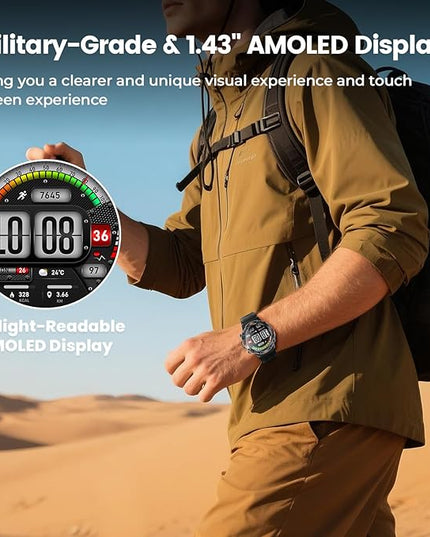 WalkerFit Military Smart Watch for Men (170+ Sports Modes), 1.43" AMOLED Rugged Watch with Bluetooth Call, 5ATM Waterproof Fitness Tracker Watch, Long Battery, Compatible with iPhone Android