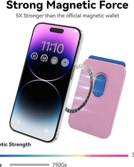 Magnetic Wallet Cell Phone Card Holder for Phone Case with Mag-Safe, Stronger Magnetic RFID Leather Phone Wallet Stick on Series of iPhone 17/16/15/14/13/12 and Pro/Promax, Pink