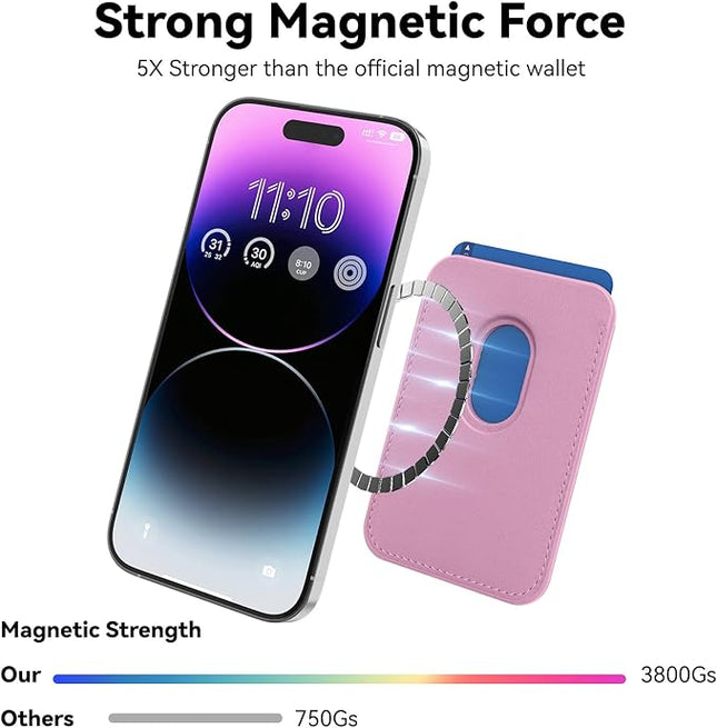 Magnetic Wallet Cell Phone Card Holder for Phone Case with Mag-Safe, Stronger Magnetic RFID Leather Phone Wallet Stick on Series of iPhone 17/16/15/14/13/12 and Pro/Promax, Pink