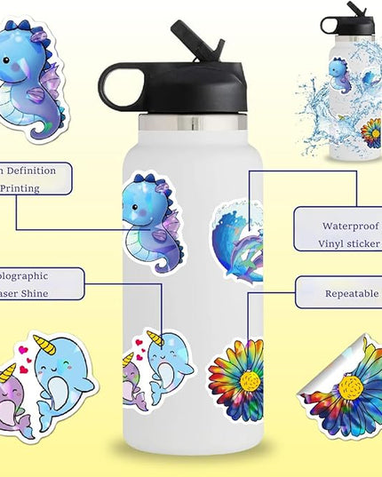 100 Cute Assorted Animal Holographic Stickers – Fun Sparkly Glitter Kawaii Bulk Variety Pack, Waterproof Vinyl Decals for Girls, Kids & Teens, Great for Water Bottles, Classroom Rewards, Luggage