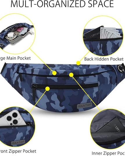 MAXTOP Large Crossbody Fanny Pack with 4-Zipper Pockets,Gifts for Enjoy Sports Festival Workout Traveling Running Casual Hands-Free Wallets Waist Pack Phone Bag Carrying All Phones