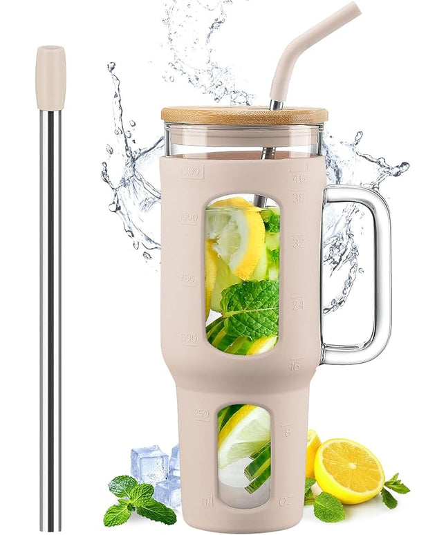 Glass Tumbler with Lid and Straw, 46 oz Iced Coffee Cup with Handle, Large Water Bottles with Silicone Sleeve, Glass Cup with Straws - Pearl Straw & Drinking Straw BPA Free-Amber