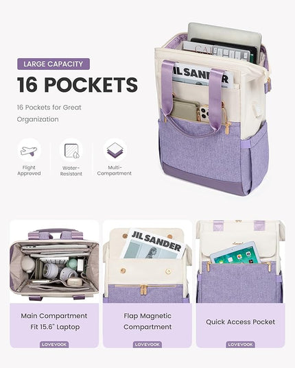LOVEVOOK Laptop Backpack for Women, 15.6 Inch Work Laptop Bag with USB Port, Fashion Teacher Nurse Backpack Purse, Waterproof Travel Computer Backpack with Organizer Bag, 2PCS, Beige-Light Purple