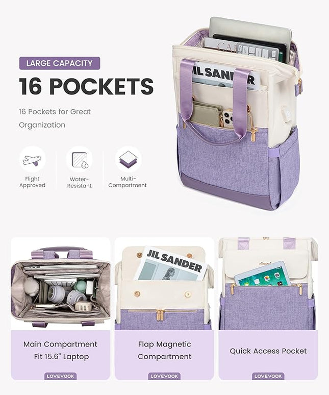 LOVEVOOK Laptop Backpack for Women, 15.6 Inch Work Laptop Bag with USB Port, Fashion Teacher Nurse Backpack Purse, Waterproof Travel Computer Backpack with Organizer Bag, 2PCS, Beige-Light Purple