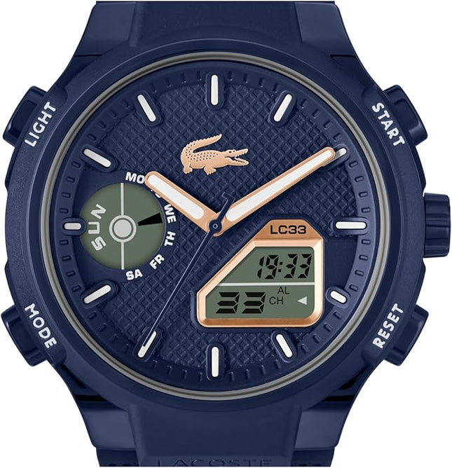 Lacoste LC33 Men's Analog-Digital Watch – TR90 Case, World Clock, Stopwatch, Alarm, Backlight, Textured Silicone Strap, Premium Fashion Timepiece - Gift for Him - 45mm