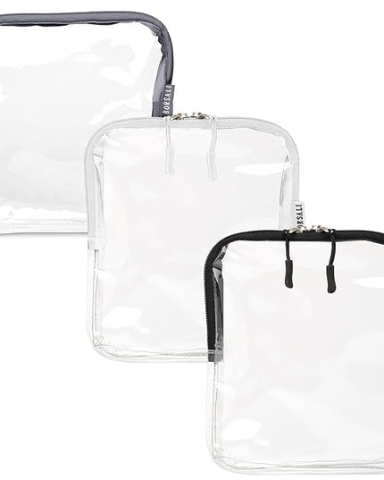 BORSALI TSA Approved Toiletry Bag - Clear Quart Size for 3-1-1 LIquids for Carry On Travel - Toiletries Organizer - Cosmetic Pouch with Zipper - Travel Accessories - Set of 3