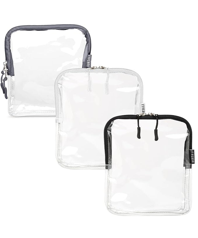 BORSALI TSA Approved Toiletry Bag - Clear Quart Size for 3-1-1 LIquids for Carry On Travel - Toiletries Organizer - Cosmetic Pouch with Zipper - Travel Accessories - Set of 3