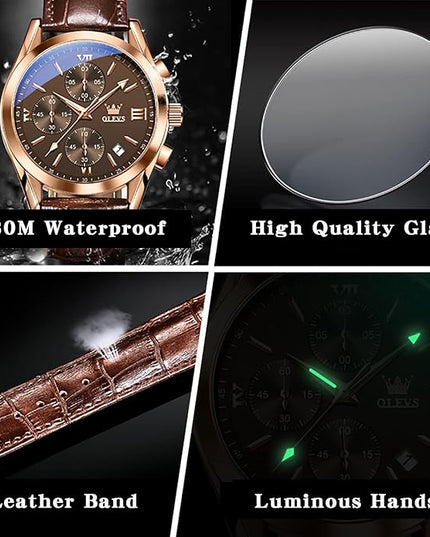 OLEVS Leather Chronograph Watch Men - Leather Strap (Brown/Black), Work Luminous Waterproof Analog Quartz Dress Wrist Watch with Blue/Black/Brown/White Dial