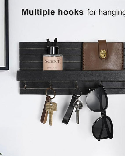 Lwenki Decorative Key Holder for Wall with Shelf, Entryway Shelf with Hooks Holds Leashes, Jackets and Glasses – Sturdy Wood Keyholder Entrance Hanger with Mounting Hardware (Black, Medium)