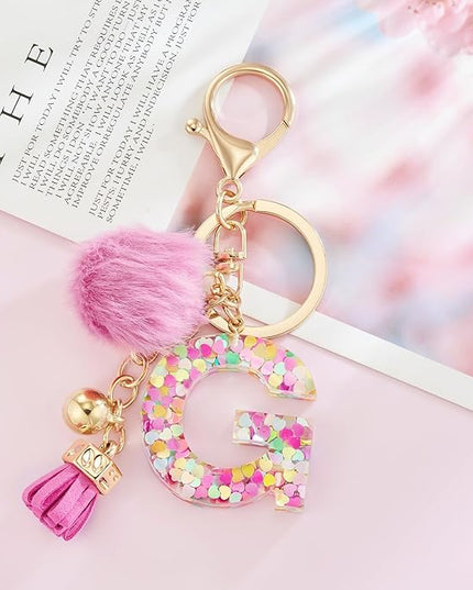 Resin Alphabet Initial Letter Keychain Keyring for Women Purse Handbags With Fur Ball Pom