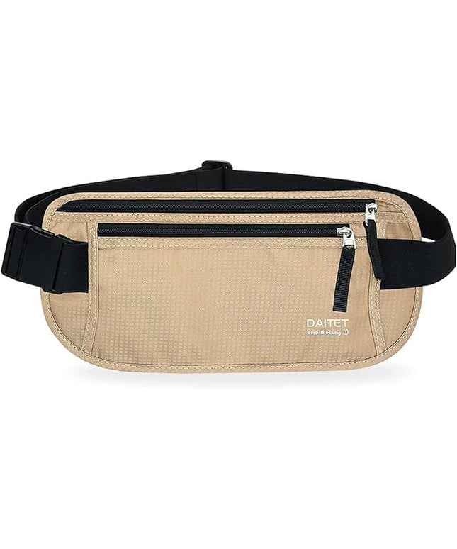 RFID Blocking Money Belt for Men Women, Slim Fanny Pack For Travel，Running,Conceal Waist Wallet For Passport Holder,Phone,Cash(Black Beige), Black Beige
