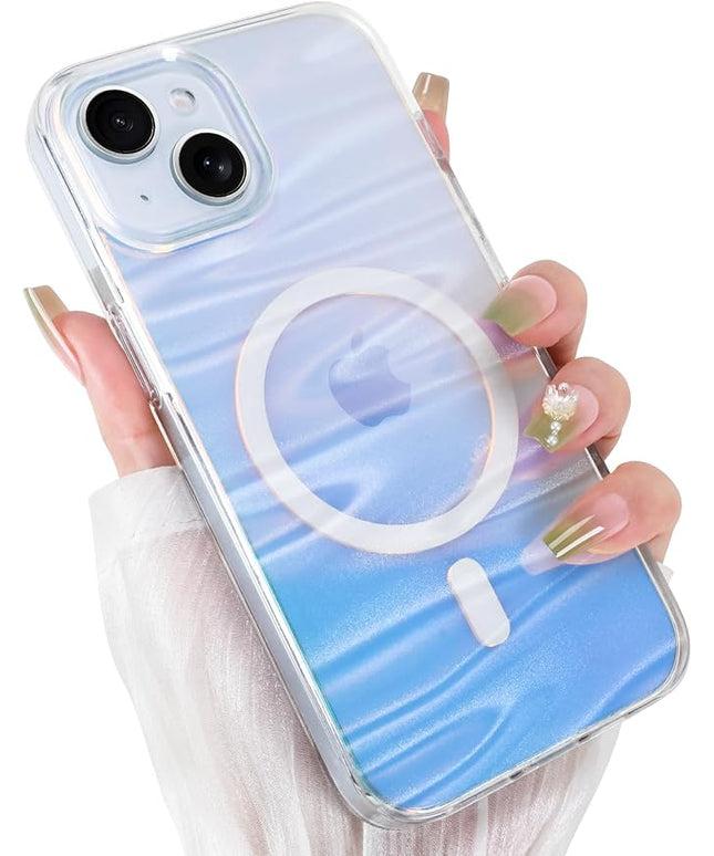 Cute Case for iPhone 15 Plus & 14 Plus Case for Women Girls [ Compatible with Magsafe ] Clear Glitter Girly Aesthetic Rainbow Sparkly Bling Magnetic Phone Cover, Iridescent Milky Way