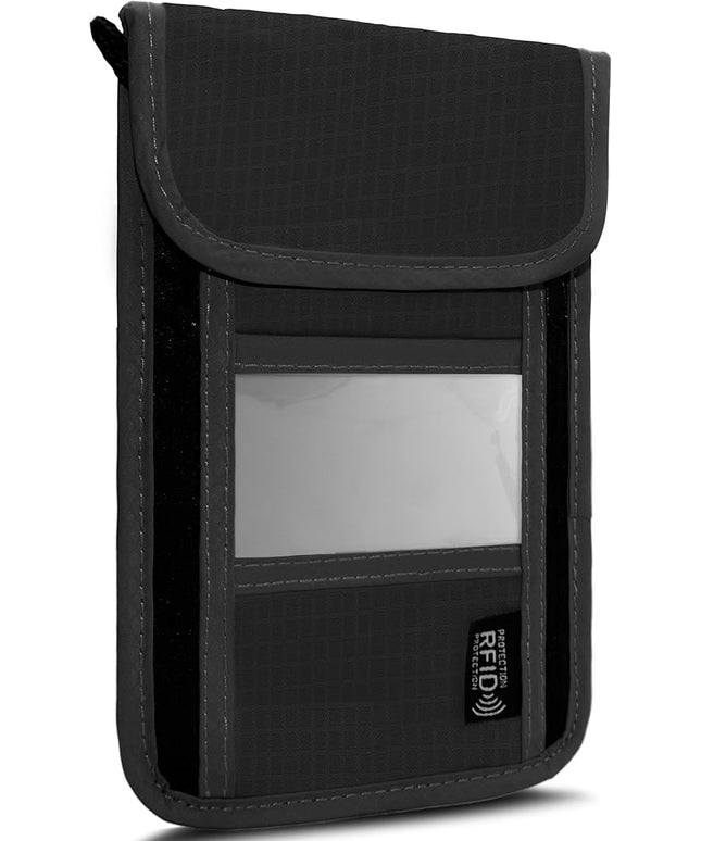 Travel Neck Wallet with RFID Blocking – Passport Holder Organizer Neck Pouch – Portable Easy to Conceal Travel Pouch (PVC Black)