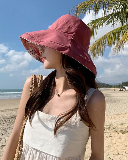 HUAMULAN Women Summer Sun Hat Wide Brim Wired Edge Floral Beach Bucket Hats Reversible Foldable Travel UV Protection Lady Hat