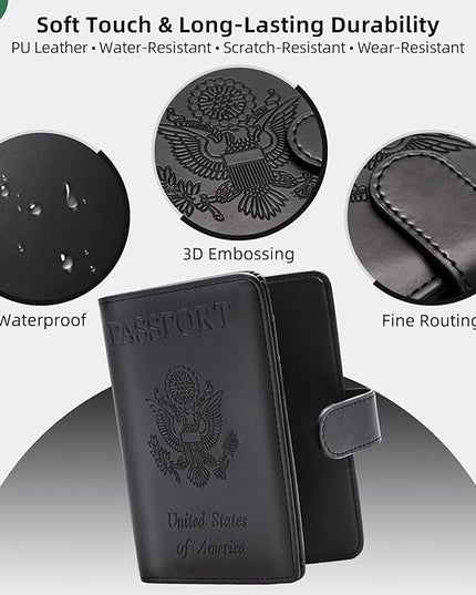 Passport Holder for Travel with Luggage Tag Cover – RFID Blocking Passport Wallet for Women & Men | Leather Passport Cover/Passport Case with Extra Money Pocket & Magnetic Clasp – Black