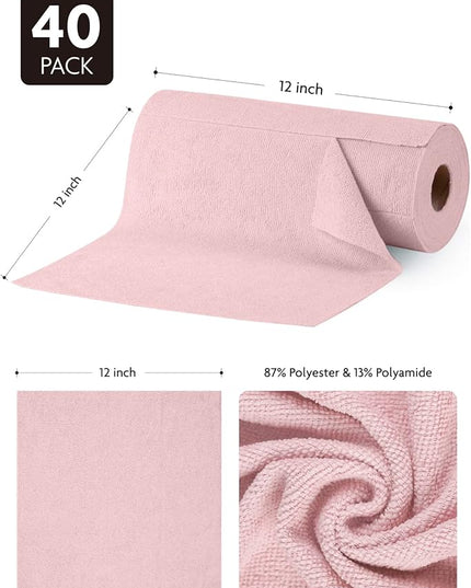 Fantasticlean Microfiber Cleaning Cloth Roll -40 Pack, Tear Away Microfiber Towels, 12" x 12", Reusable, Washable, Lint Free, Ultra Absorbent Dishcloth for Car, Pet, Kitchen Cleaning Supplies (Pink)