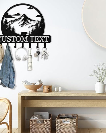 KAINSY Personalized Key Holder for Wall, Custom Name Metal Forest Bear Key Hooks, Coat Hook Key Holder Wall Mount, Key Rack Hanger Organizer for Kitchen, Entryway, Hallway, Door, Home Decor Gifts