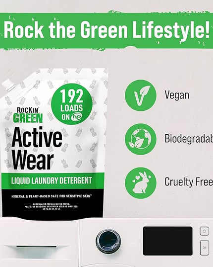 Rockin' Green Laundry Detergent, Plant based, All Natural Laundry Detergent Powder, Vegan and Biodegradable Odor Fighter, Safe for Sensitive Skin (Liquid Laundry Detergent 192 Loads - Unscented)