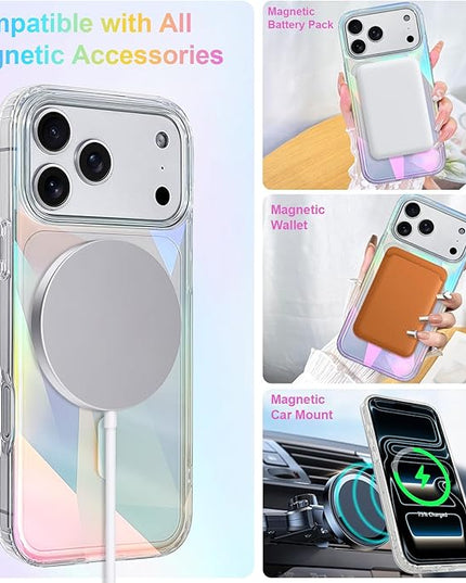 Cute Case for iPhone 17 Pro Case for Women Girls [ Compatible with Magsafe ] Clear Glitter Girly Aesthetic Rainbow Sparkly Bling Magnetic Phone Cover, Iridescent Geometry