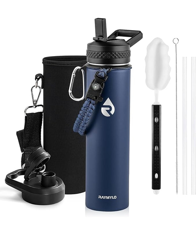 Insulated Water Bottle 24oz, Triple Wall Vacuum Stainless Steel (Cold for 48 Hrs, Hot for 24Hrs), Leak Proof & Non-BPA, 24oz Hydro Water Flask with Paracord Handle & Straw Spout Lids
