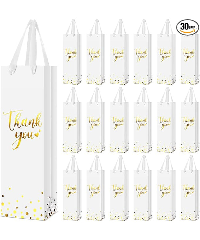 Ctosree 30 Pcs Wine Bottle Gift Bag with Handle 4.3x3.5x13.7 Liquor Paper Bag for Thank You Favor Gold Foil Kraft Whiskey Tote Carrier for Wedding Birthday Bridal Valentine's day Party(White)