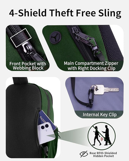 ECOHUB Anti-Theft Crossbody Bag Men Women, RFID Blocking Lightweight Sling Backpack Eco-Friendly with 9 Pockets Sturdy SBS Zippers Water Resistant for Travel Work Hiking Outdoor, Army Green