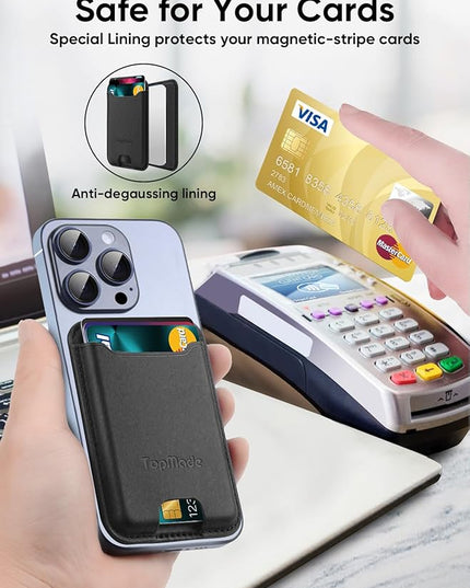 TopMade Phone Card Holder, Premium Leather Phone Wallet Stick on, Stronger 3M Adhesive Credit Card Holder for Back of Phone Case, iPhone, Samsung, and Android, RFID Blocking, Fit 4 Cards, Black