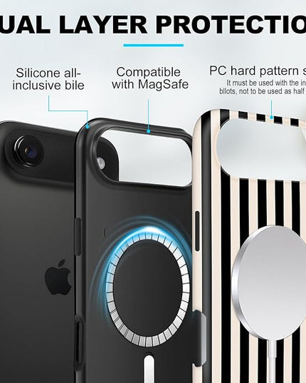 Magnetic for iPhone 17 Air Case Cute Stripes Phone Case, Shockproof Slim TPU and Hard PC Protective Phone Cover Compatible with MagSafe Designed for Women Girls, Black and White