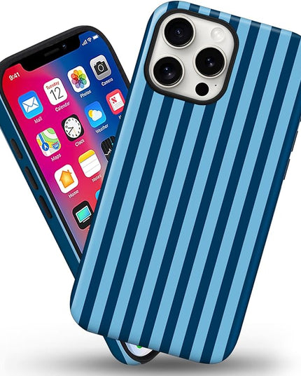 Magnetic for iPhone 16 Pro Case Cute Stripes Phone Case, Shockproof Slim TPU and Hard PC Protective Phone Cover Compatible with MagSafe Designed for Women Girls, Lake Blue