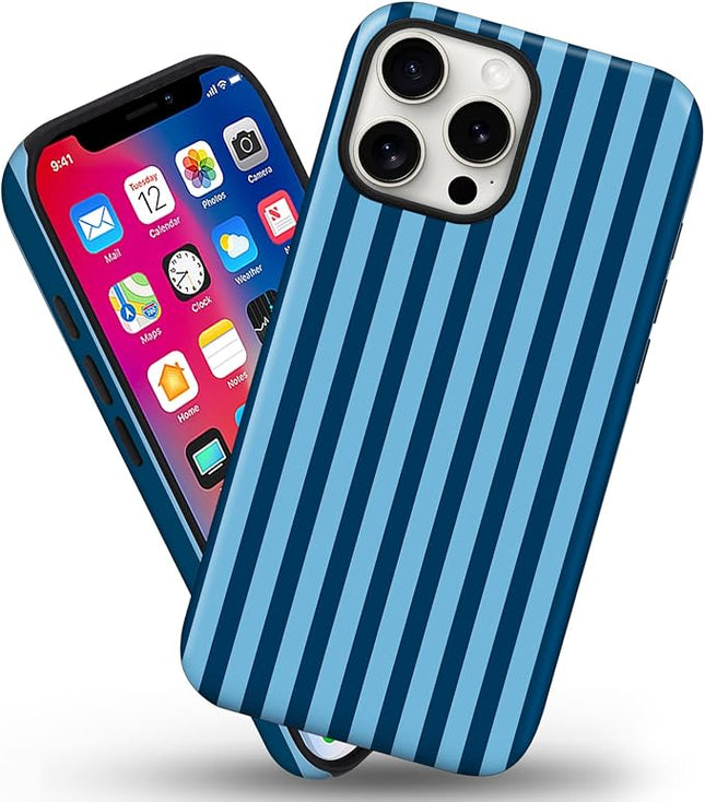Magnetic for iPhone 15 Plus Case Cute Stripes Phone Case, Shockproof Slim TPU and Hard PC Protective Phone Cover Compatible with MagSafe Designed for Women Girls, Lake Blue