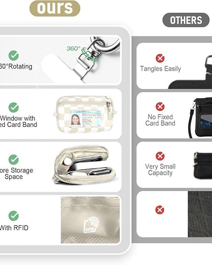 Clip and Go Strap for Phone with Wallet Crossbody Phone Lanyard and Detachable Checkered Bag with ID Window and RFID Pouch for Daily Travel.