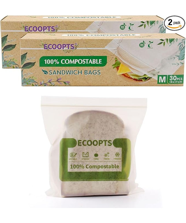 100% Compostable Sandwich Zip Bag | ECO-Friendly Food Storage Bags | Freezer Bag | Plant-Based BPA-free | Seal well for Fruit,Food and Snack (2, Medium)