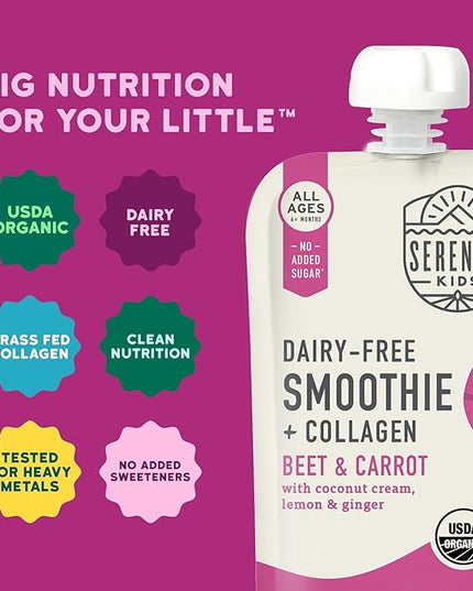 Serenity Kids 6+ Months Baby Food Pouch - Beet & Carrot Grass-Fed Collagen Protein - USDA Organic Dairy Free - No Added Sweeteners Baby Snacks - 3.5 Oz, 6 Pack