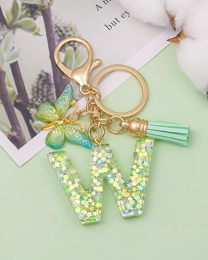 Fashion Alphabet Initial Letter Keychain Tassel Butterfly Pendant Key Ring for Purse Handbags Women Girl