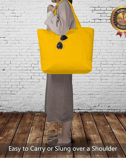 TOPDesign 1-Pack Canvas Tote Bags with an External Pocket, Reusable Grocery Shopping Bags, Top Zipper Closure, Daily Essentials (Yellow)