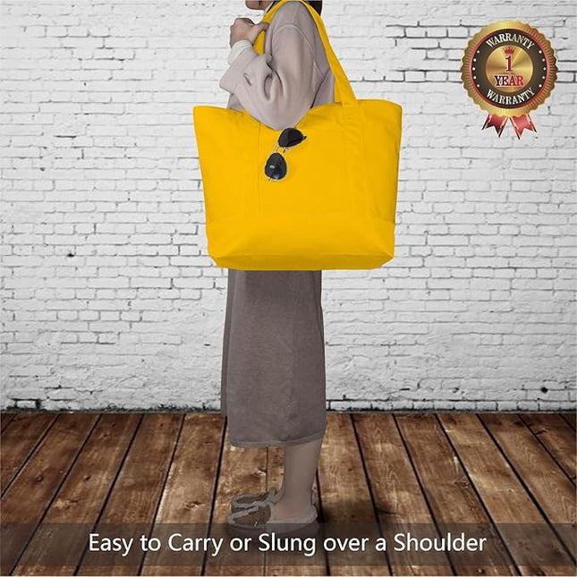 TOPDesign 6-Pack Canvas Tote Bags with an External Pocket, Reusable Grocery Shopping Bags, Top Zipper Closure, Daily Essentials (Yellow)