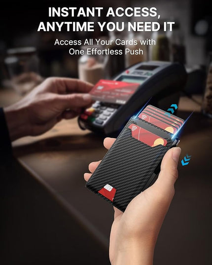 typecase Smart Wallet for Men: Metal Rfid Blocking Card Case, Ultra-Slim Bifold Wallet, Magnetic Card Holder, 9-13 Cards Capacitiy, Smart Popup Wallet for Men with Money Clip - Carbon Fiber