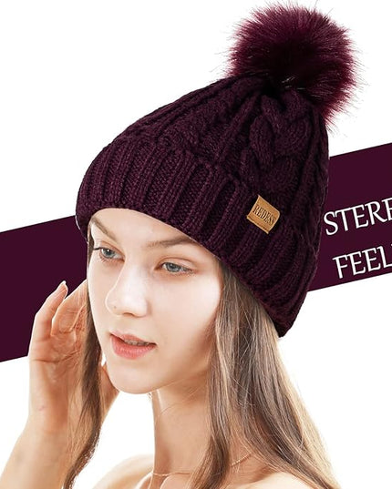 REDESS Women Winter Pompom Beanie Hat with Warm Fleece Lined, Thick Slouchy Snow Knit Skull Ski Cap