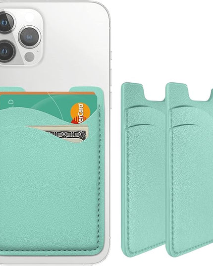 Leather Card Holder Phone Case, Stick-On Wallet, Stretchy & Compatible with iPhone, Samsung - 2Pack Green