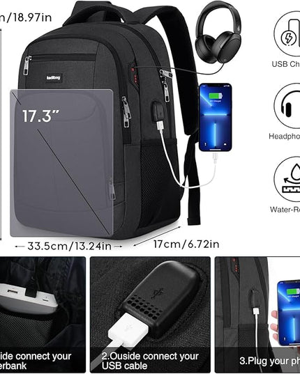 17.3 Inch Laptop Backpack Men,School Backpacks for Student Teen Boys Bookbag College Computer Bag with USB Charging Port for Work Business Middle High School,Black