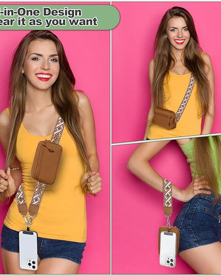 Clip and Go Strap for Phone with Wallet Crossbody, Adjustable Phone Lanyard with Detachable RFID Wristlet Wallet, Pattern Strap, Bronze(M)