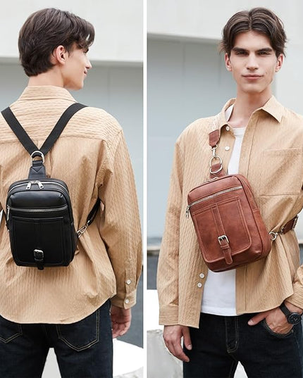 Sling Bag Crossbody Backpack - 2 in 1 Leather Cross Body Bag Fanny Pack with 2 Removable Straps