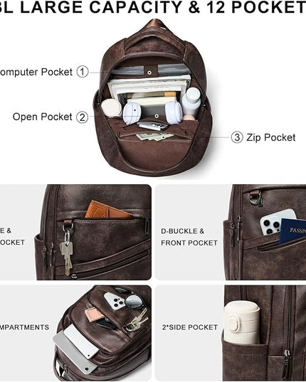 43L Backpack for Women Men - Vegan Leather Backpack Purse Travel Carry-on Bag College Bookbag Work fits 17" Laptop, Coffee