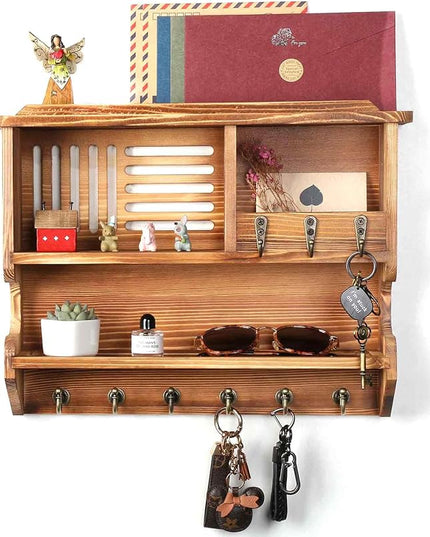 Mutsault Key Holder for Wall, Mail and Key Holder for Home Decor, Key and Mail Holder for Wall with Key Hooks, Brown