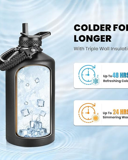 One Gallon Water Bottle Insulated, Triple Walled Vacuum Stainless Steel (Cold for 48 Hrs), Leak Proof & Non-BPA, Large Water Flask Jug with Paracord Handle & Straw Spout Lids