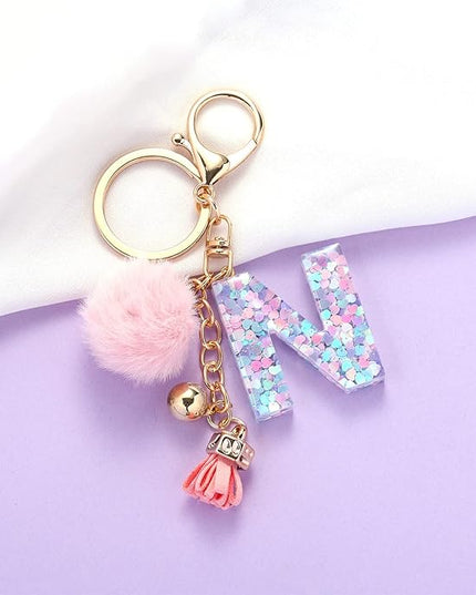 Resin Alphabet Initial Letter Keychain Keyring for Women Purse Handbags With Fur Ball Pom