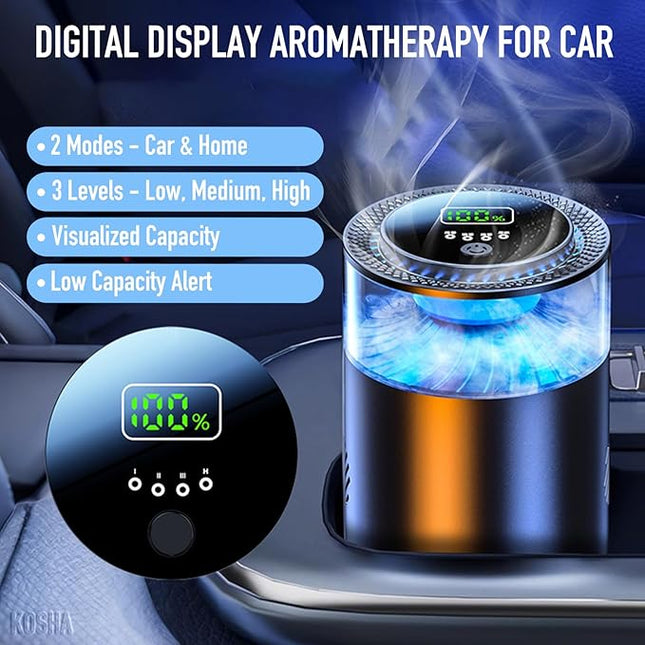 KOSHA Automobile Aroma Diffuser with Colorful Running Lights, 3 Mode Settings, 900mAh, Essential Oil Display, Non-Slip, Lasts 2000 Refills, Air Freshener for Car & Home (Osmanthus & Orchid Bliss)