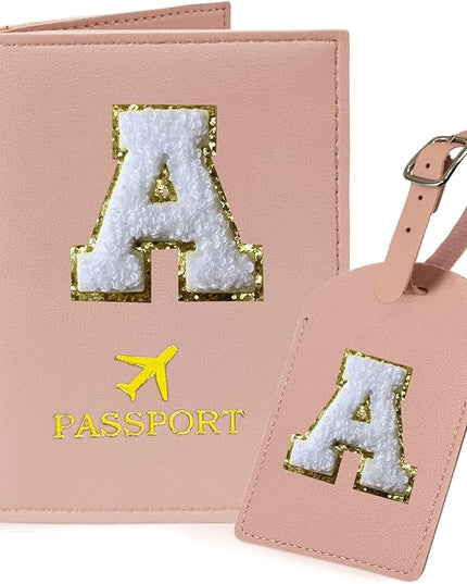 COSHAYSOO Pink Passport Cover Book Holder Travel Luggage Tag Set for Women Teen Girls with Initial Monogram Letter, Cute Airplane Essentials Personalized Cruise Accessories Trip Favor Gifts A