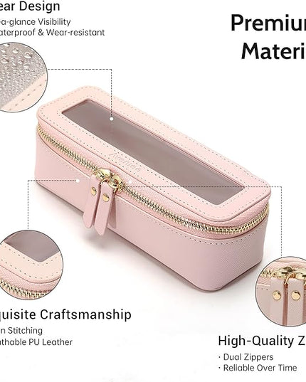 Aveniee Clear Makeup Brush Bag, Slim Cosmetic Brush Holder, small Toiletry Bag Mini Travel Case for Women, Thin Make up Bags with Dual Zipper, Cute Travel Essentials Organizer,Pink